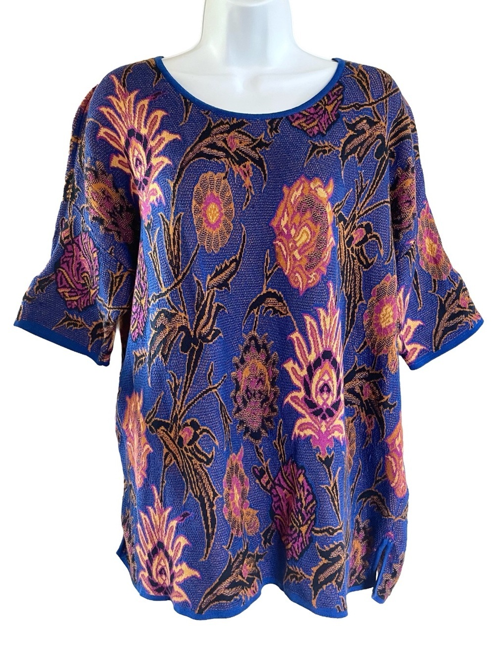 Peruvian Connection Art Knit Sweater Top Blue Floral Boho M/L